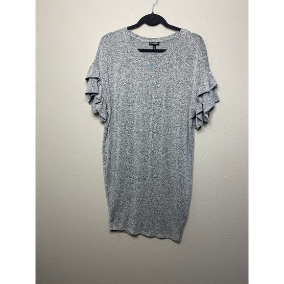 Express Dress Womens XS Grey Shift Shirt Dress Ruffle Sleeve Round Neck Casual - Picture 1 of 6